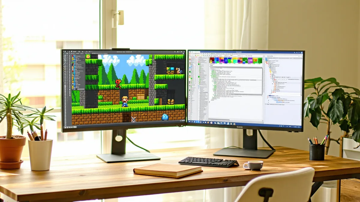 Barcelona indie game studio workspace with screens showing game development work, warm afternoon light
