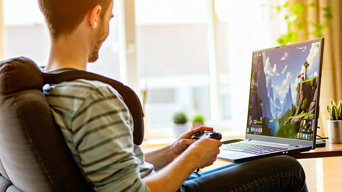 Person comfortably playing a video game using adaptive controls, warm natural lighting