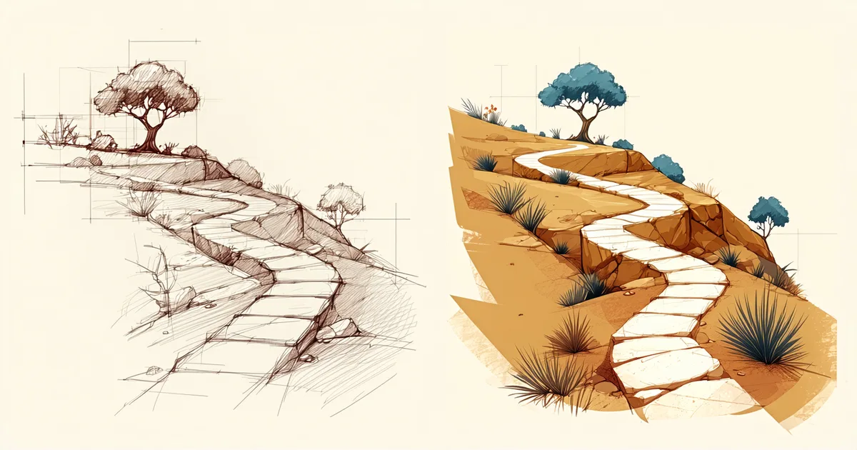 Illustrated cover for Camins development devlog showing early sketches and final game art