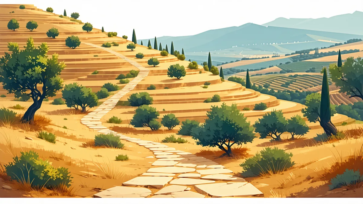 Camins game cover art: stylized Mediterranean landscape with a winding stone path through warm hills