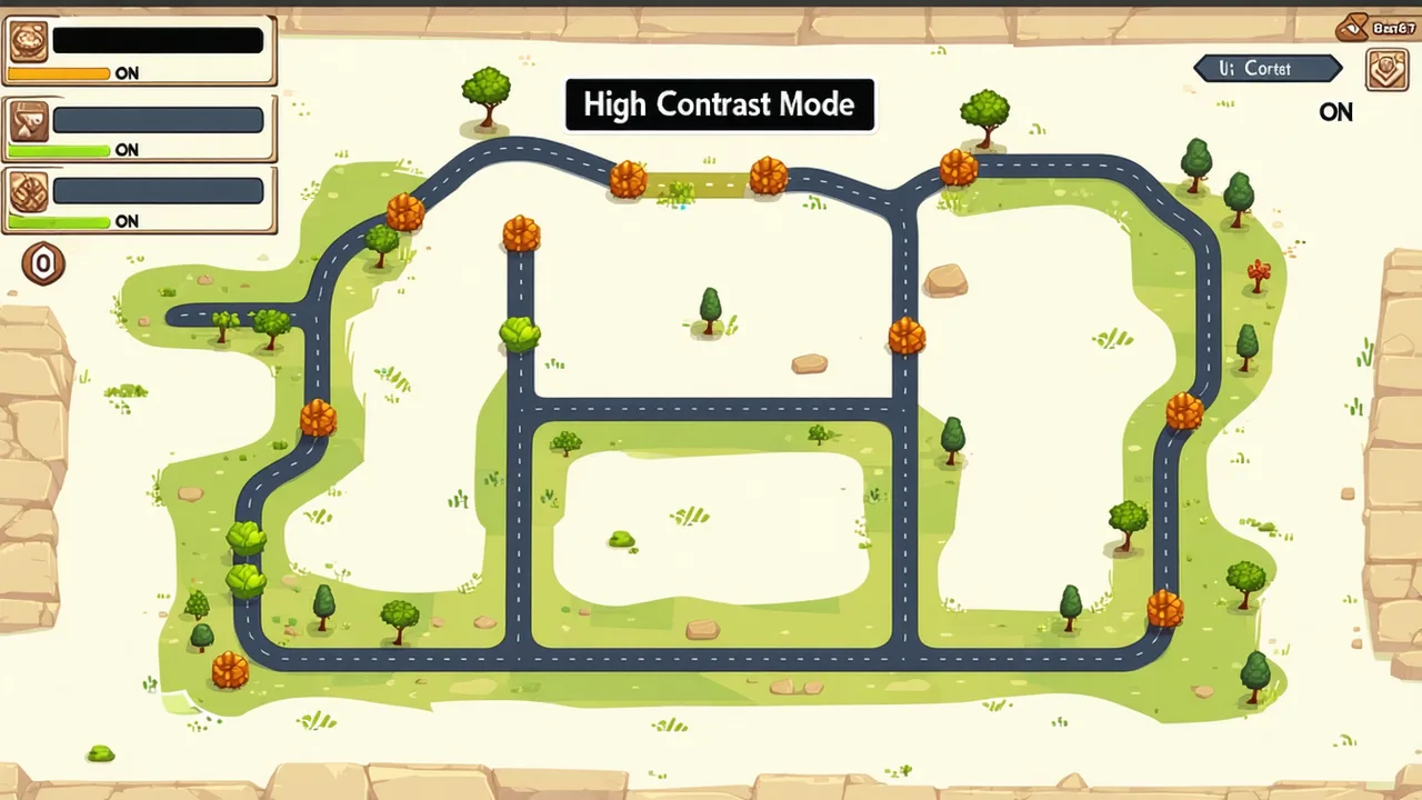 Camins high contrast mode showing the same landscape in simplified colors for accessibility