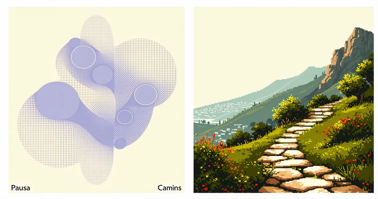 Collage of Pausa and Camins game cover art tiles arranged on warm cream background