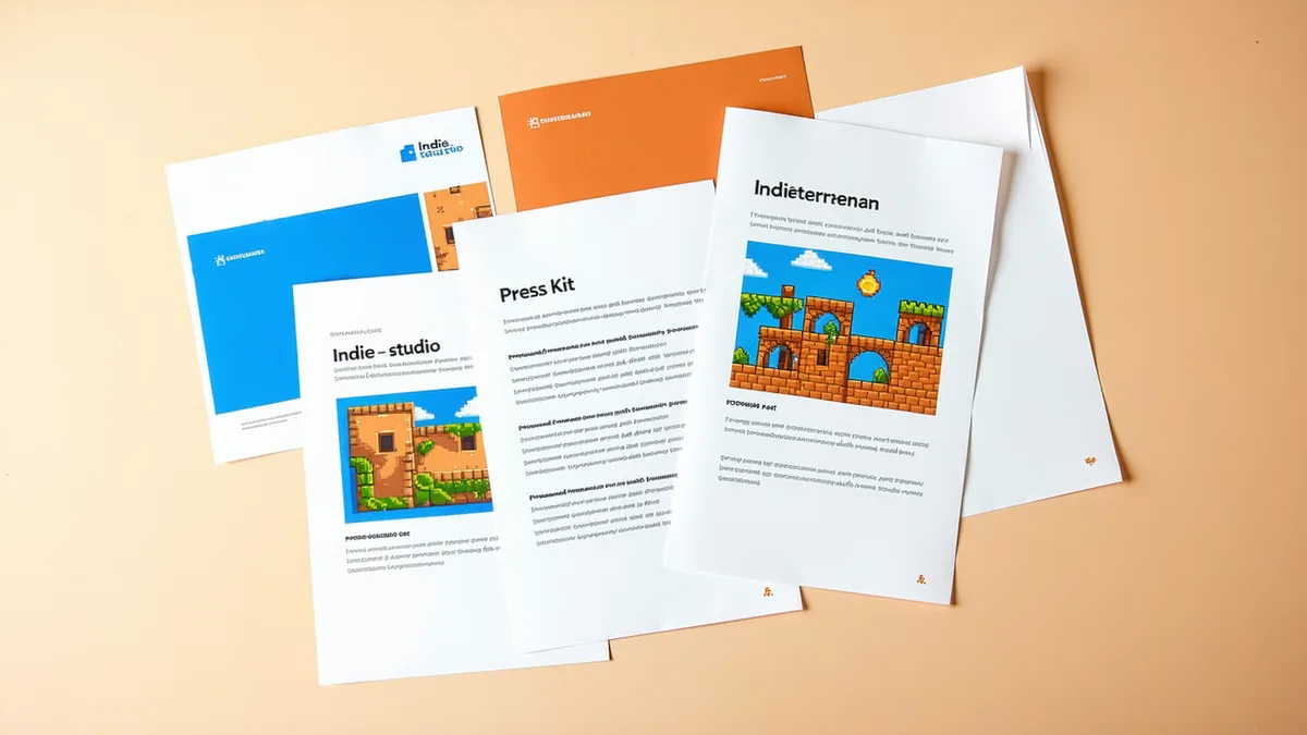 Game studio press materials arranged neatly — logo sheets, game screenshots, studio factsheet